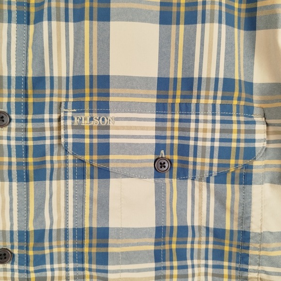 Filson Lightweight Vented Beige Blue Plaid Button Up Shirt Mens 2XL Fishing - Picture 6 of 11